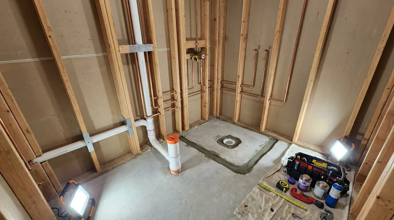 Bathroom rough-in plumbing during remodel by Johns Plumbing LLC in Mill Hall