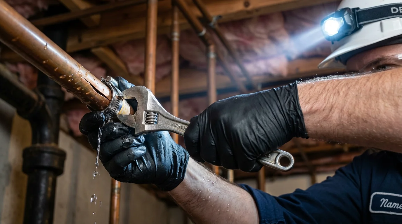 Emergency pipe clamp repair being performed by a Johns Plumbing LLC plumber in Mill Hall